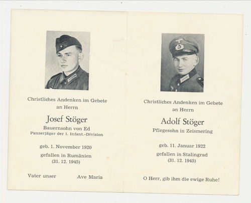 Stalingrad Sterbebild der Brüder Stöger gefallen in Stalingrad und Rumänien