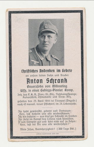 NAHKAMPFSPANGE Sterbebild Unteroffizier Schrank Gebirgs Pionier E.Btl 54 / Pi.Btl 97 Kopfschuss 1944