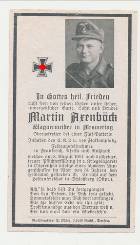 Luftwaffe Sterbebild Ogfr Axenböck Flak Tod 1944 Flakkampfabzeichen Afrika Feldzug Teilnehmer