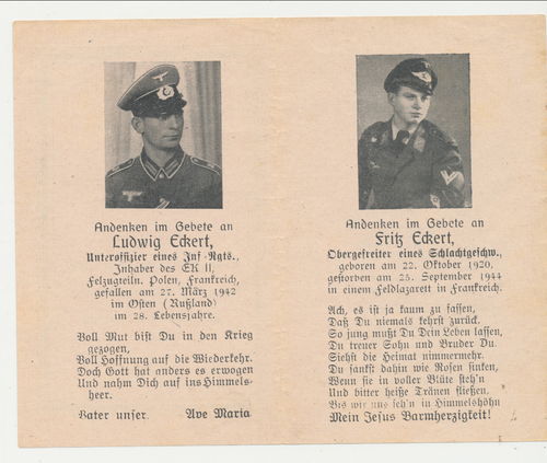 Luftwaffe Sterbebild DREI Brüder davon Fritz Eckert Schlachtflieger Frankreich Okt 1944
