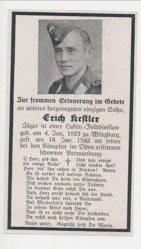 Luftwaffe Sterbebild LW Felddivision 14/VI. Jäger Batl Erich Kestler gefallen Ostfront 1943