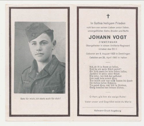 Italien Schlachtfeld Sterbebild Johann Vogt Artillerie gefallen in ITALIEN 28. APRIL 1945