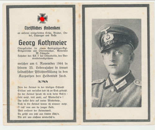 Sterbebild Gebirgsjäger Kothmeier gefallen in den Karpathen Rumänien November 1944