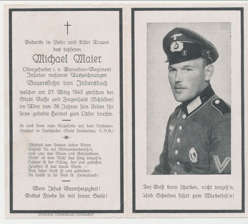 Sterbebild Ogfr Maier Endkampf gefallen zwischen Stadt Neisse und Ziegenhals Schlesien März 1945
