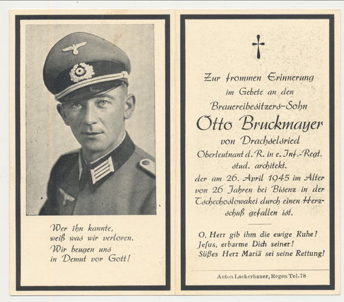 Sterbebild 26-jähriger OFFIZIER Bruckmayer gefallen bei Bisenz Tschechoslowakei Tschechien 1945