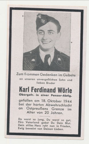 Sterbebild PANZER schwarze Uniform Ogfr Wörle gefallen in Abwehrschlacht Ostpreussen 1944