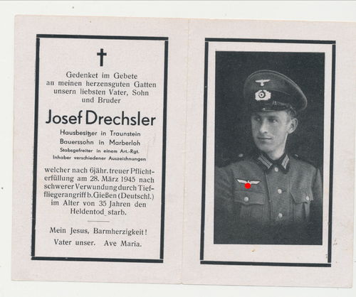 Sterbebild Josef Drechsler Artillerie gefallen nach Tiefflieger Angriff bei Giessen März 1945