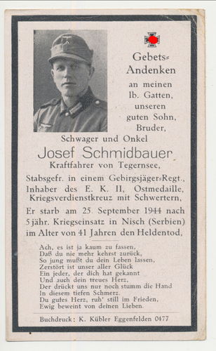 Sterbebild Gebirgsjäger Schmidbauer gefallen Sept. 1944 in Serbien in Nisch