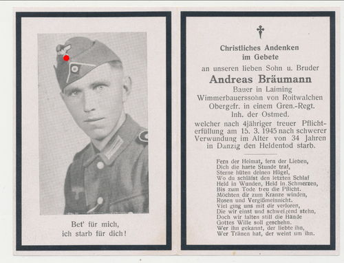Sterbebild Ogfr Grenadier Rgt Andreas Bräumann gefallen März 1945 in Danzig