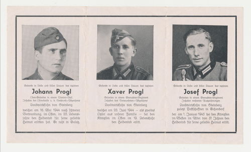 Sterbebild DREI Brüder 3 Söhne Progl alle gefallen 1944 / 1945 Ostfront / Westfront