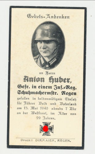 Sterbebild Huber Inf Rgt 186 Ansbach mit Stahlhelm im Bild gefallen Mai 1940 Wollmeringen