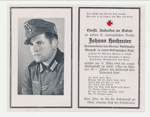 Sterbebild 12./ GJR 100 Gebirgsjäger Hochreiter gefallen Ostfront 1942 mit Daten / Historie