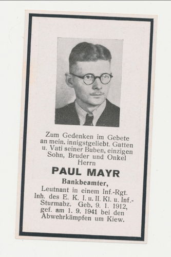 Sterbebild OFFIZIER Lt. Mayr Inf Rgt 289 gefallen Ostfront Kiew 1941 mit Daten / Historie