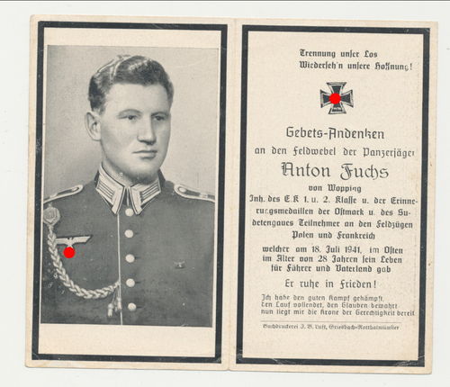 Sterbebild Feldwebel Fuchs Panzerjäger Inf Rgt 20 gefallen Ostfront 1941 mit Daten / Historie