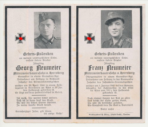 Sterbebild 2 Brüder Neumeier gefallen in Rumänien & bei Schönseifen EIFEL 1945 Normandie Kämpfer