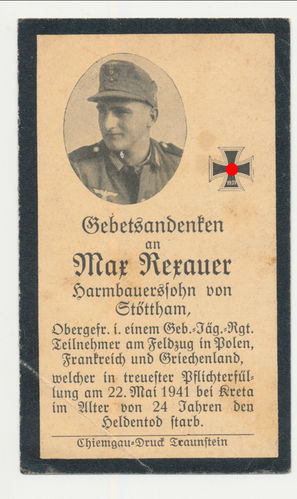 Sterbebild 11/ GJR 100 Gebirgsjäger Rexauer gefallen auf KRETA Mai 1941 mit Daten Historie