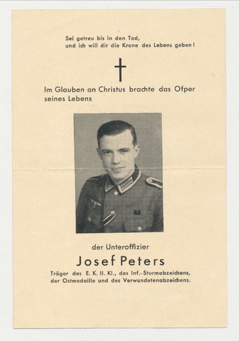 Sterbebild Uffz Josef Peters Grenadier Rgt 408 gefallen in Walk Lettland 1944 mit Daten Historie