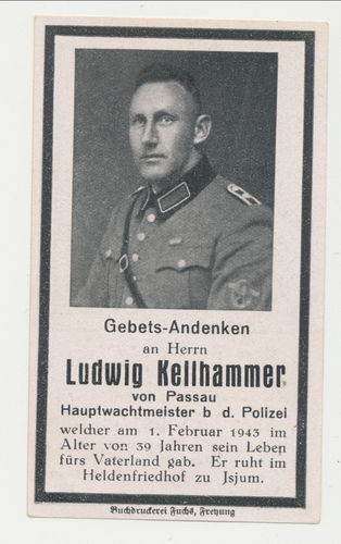 Sterbebild Kellhammer HWM Polizei Gendarmerie Einsatz Kommando Charkow 1943 mit Daten Historie