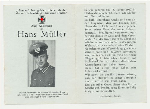 Sterbebild Hauptfeldwebel Müller Grenadier Ers Btl 77 Mülheim Ruhr Bomben Angriff Daten Historie