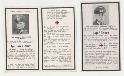 Sterbebild Brüder Gustav & Josef Sauer Grenadier Rgt 60 und 543 gefallen 1942/43 mit Daten Historie