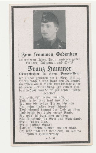 Sterbebild PANZER Rgt 29 Franz Hammer schwarze Uniform gefallen Ostfront 1942 mit Daten Historie