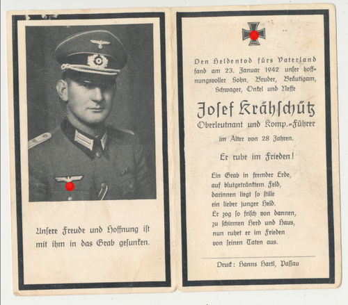 Sterbebild OFFIZIER Oberleutnant Josef Krähschütz gefallen 1942