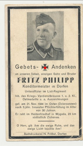 Sterbebild Fritz Philipp Uffz im Infanterie Rgt LIST gefallen November 1944