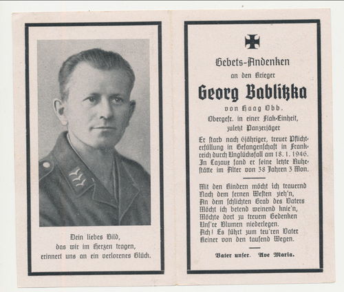 Sterbebild Georg Bablitzka Flak und Panzerjäger Tod in Gefangenschaft Frankreich Cazaux 1946