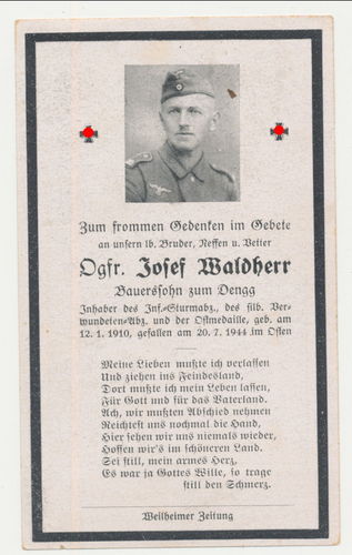 Sterbebild Josef Waldherr 3 Orden Infanterie gefallen im Osten Juli 1944