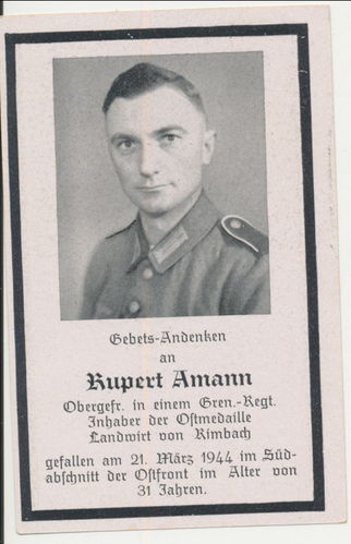 Sterbebild Rupert Amann Infanterie mit Ostmedaille gefallen März 1944 Ostfront