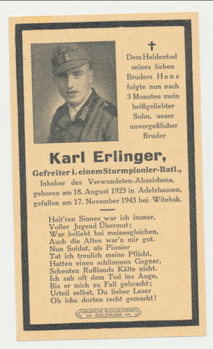 Sterbebild Karl Erlinger Sturmpionier gefallen Nov 1943 bei Witebsk Ostfront