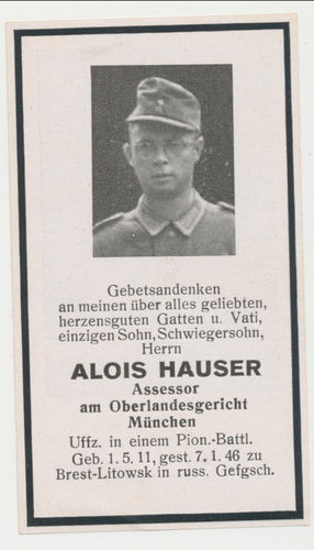Sterbebild Âlois Hauser Uffz Pioniere gestorben in Sowjet Gefangenschaft 1946 Brest Litowsk