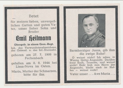 Sterbebild Emil Heilmann gefallen 1944 bei Liss-Nova im Osten