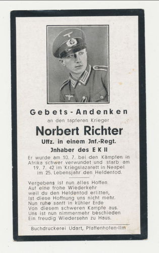Sterbebild Uffz Norbert Richter Afrika Verwundung gestorben im Lazarett Neapel Italien Juli 1942