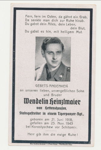 Sterbebild Wendelin Heinzlmeier TIGER Panzer Regiment gefallen Shitomir 1943