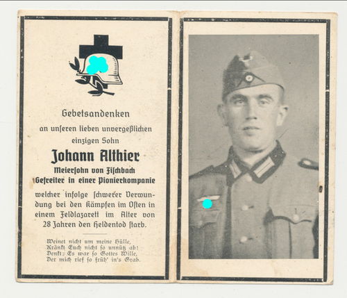 Sterbebild Johann Althier Pionier Btl 666 gefallen bei Travalewa Ostfront 1942 mit Historie