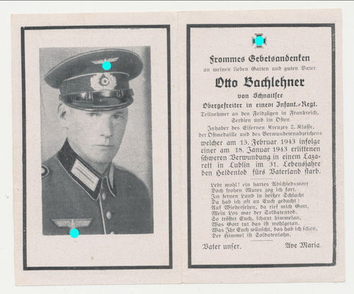 Sterbebild Otto Bachlechner Inf Rgt 183 gefallen bei Lublin 1943 mit Historie