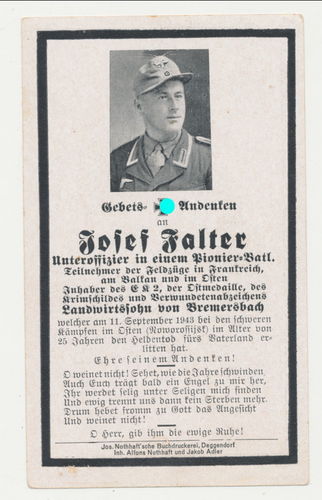 Sterbebild Josef Falter Pionier Btl 173 gefallen an der Ostfront 1943 mit Historie