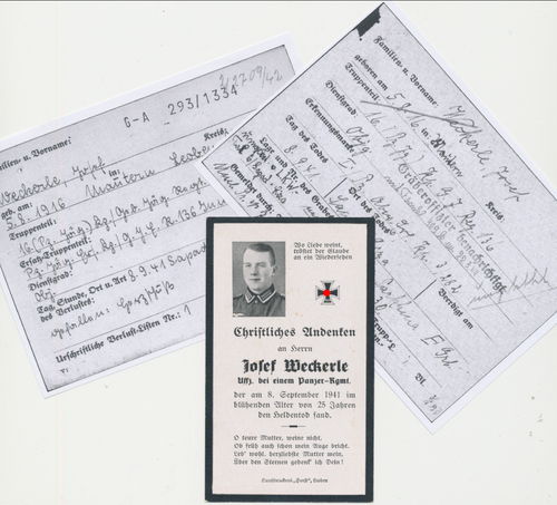Sterbebild Josef Weckerle Panzerjäger Gren Rgt 136 gefallen Sapad Liza Parkkina 1941 mit Historie