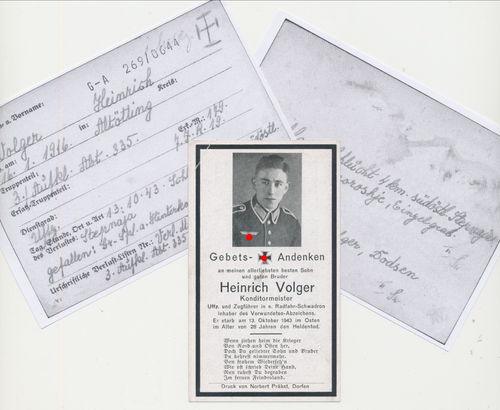 Sterbebild Heinrich Volger Aufklärungs Abt 335 gefallen bei Stepnaja 1943 mit Historie