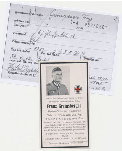 Sterbebild Franz Greinsberger Gebirgsjäger Btl. 13 gefallen bei Kertsch 1943 mit Historie