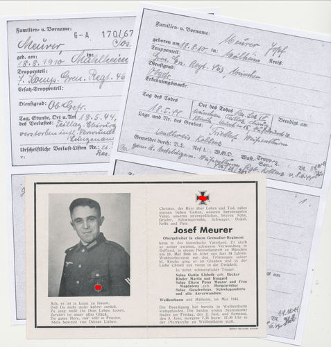 Sterbebild Josef Meurer Grenadier Rgt 463 Tod Lazarett München 1944 mit Historie