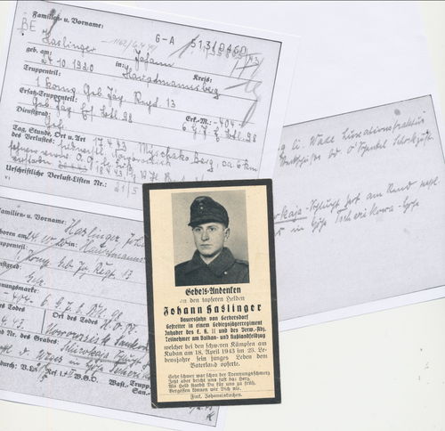 Sterbebild Johann Haslinger Gebirgsjäger Rgt 13 gefallen am Kuban 1943 mit Historie