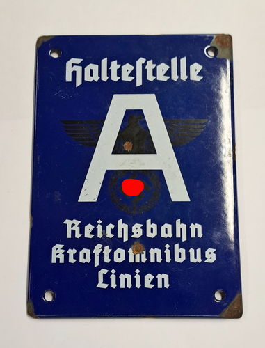 Deutsche Reichsbahn Eisenbahn Emaille Schild Haltestelle Kraftomnibus Linien 3. Reich