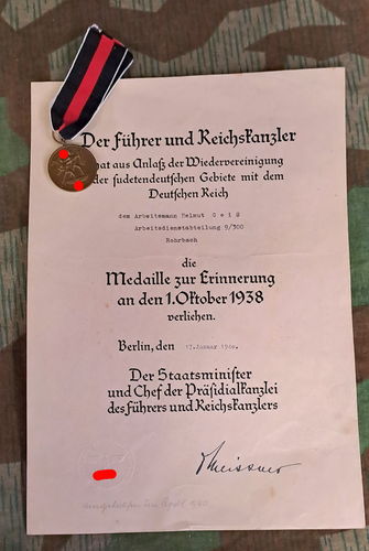 Urkunde Einmarsch Sudetenland RAD Abt. 9/300 Rohrbach & Einmarschmedaille 1. Oktober 1938