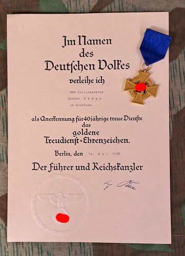 Urkunde & Treudienstabzeichen in GOLD für Zoll - Inspektor Weber in Konstanz 1938