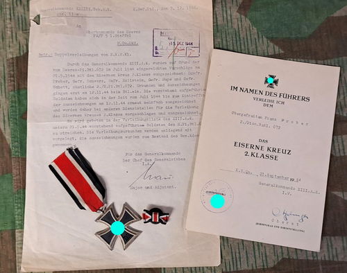Urkunde & EK2 Eisernes Kreuz Pionier Btl 672 GKO XIII A.K. 1944 mit Dokument Doppelverleihung