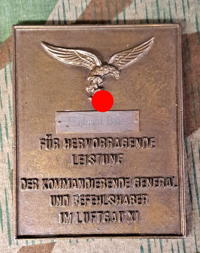 Luftwaffe Ehrenschild Plakette für hervorragende Leistung im Luftgau XI