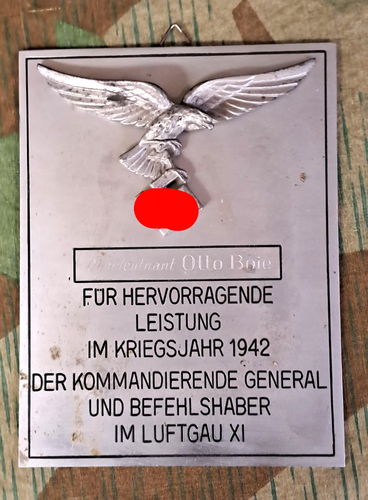 Luftwaffe Ehrenschild Plakette für hervorragende Leistung im Kriegsjahr 1942 im Luftgau XI