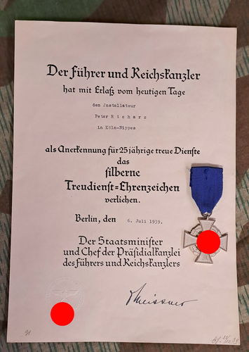 Urkunde & Treudienst Ehrenzeichen in Silber für Richarz Köln - Nippes 1939